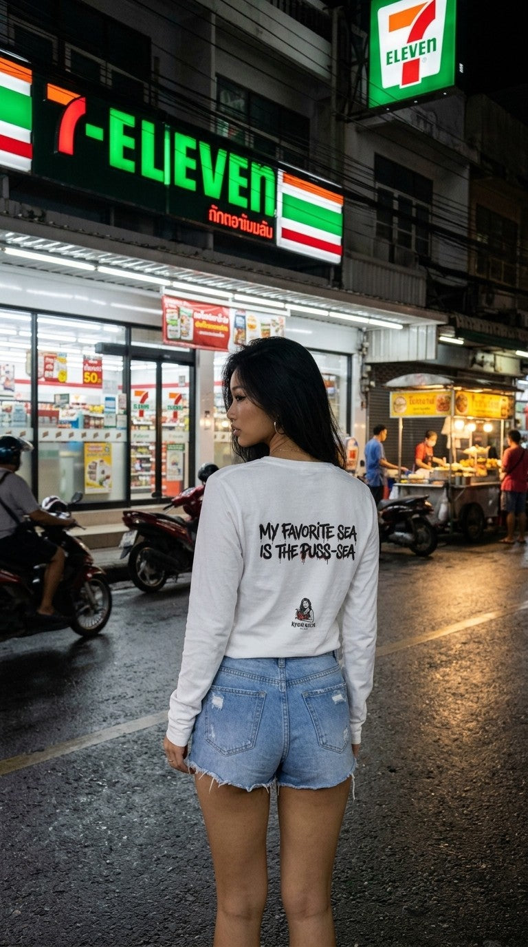 My Favorite Sea long sleeve, back print, on a Bangkok street at night